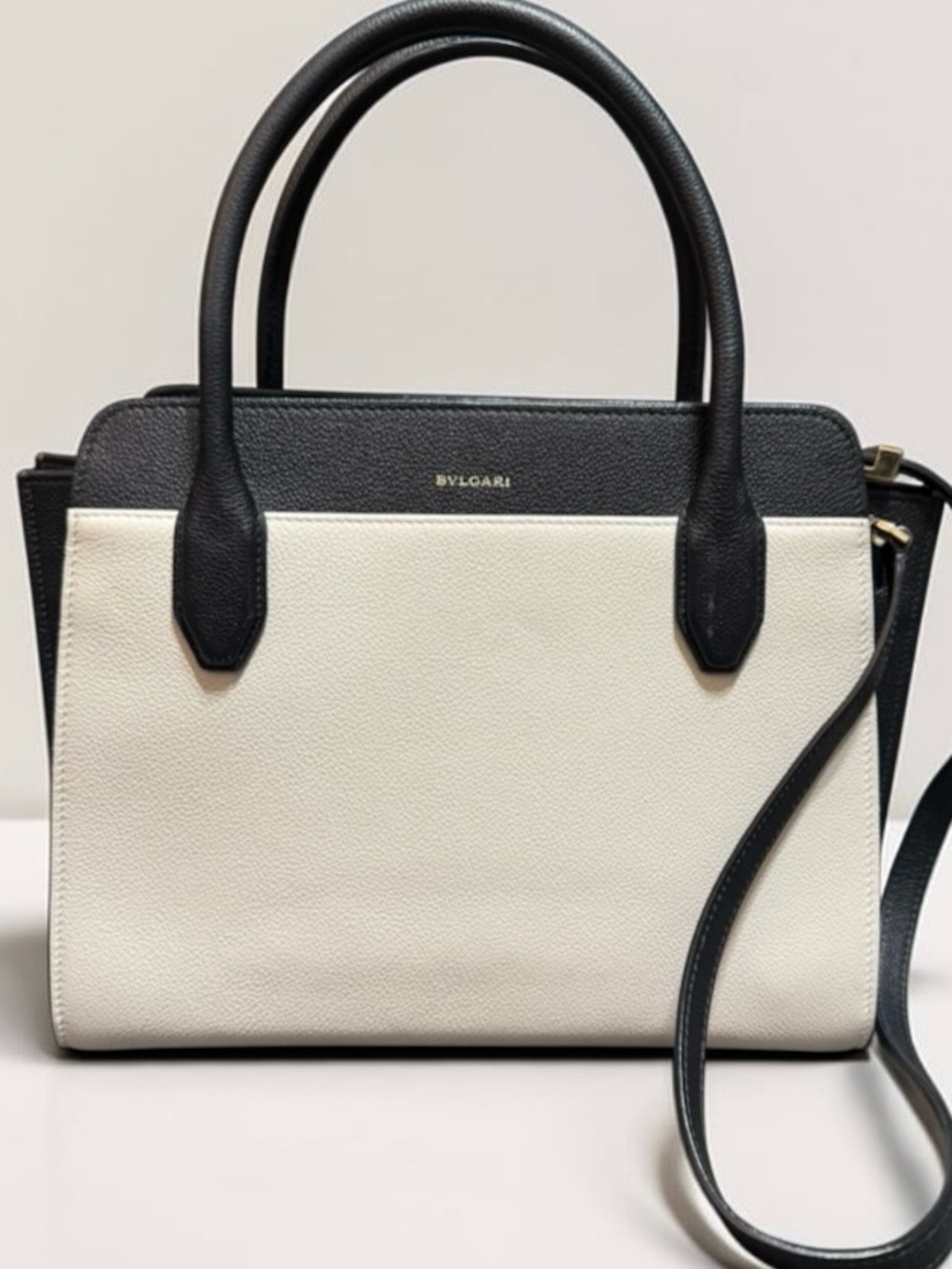 Bulgari Black and Cream Leather Satchel with Top Handles - Picture 2 of 6